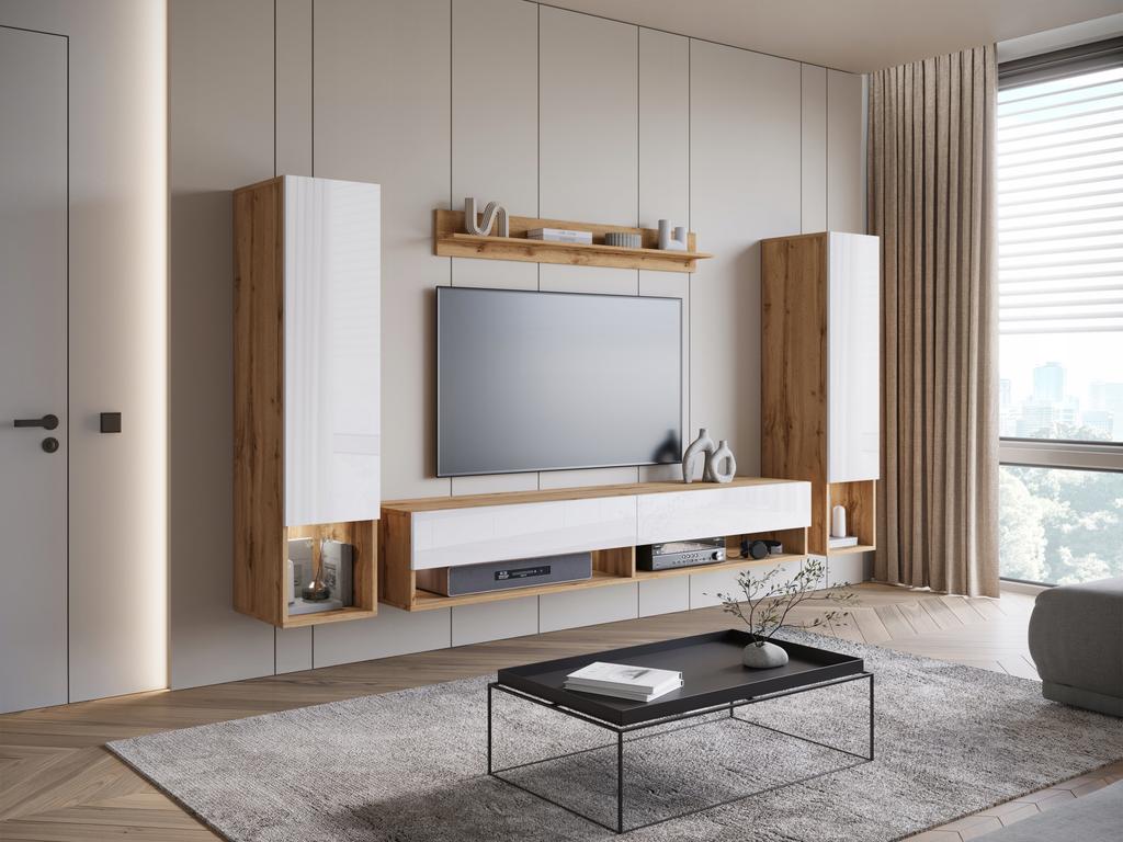 Living Room Hanging Set: Columns, TV Cabinet, Shelf, Wotan/glossy White with LED