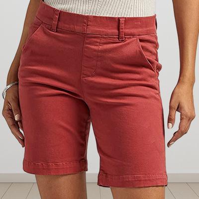 Summer Women Shorts Slim Fit Straight Knee Length Pants Sport Solid Color Pockets High Waist Casual Daily Wear Shorts