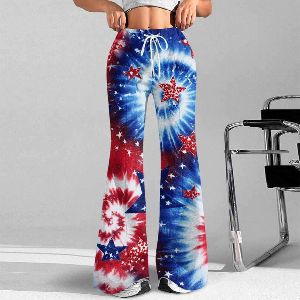 Women's Fashion Loose Drawstring Tight Waist Independence Day Printed Casual Sports Pants Casual Flared Pants
