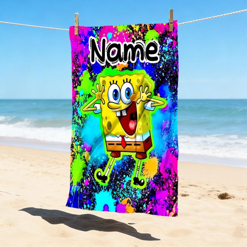 Custom Name SpongeBob Art Stylish Digital Printing Beach Towel Quick‑Drying Absorbent Blanket for Beach Pool Gym Travel