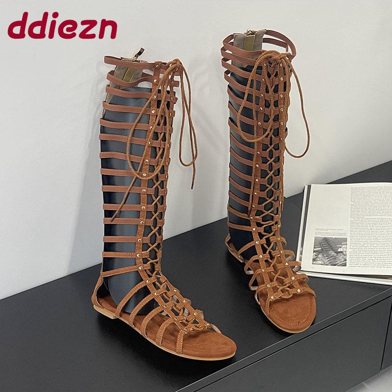 Fashion Female Round Toe Ladies Flats Knee High Boots Shoes Fashion Cross-tied Footwear Women Long Gladiator Sandals Boots New 2025