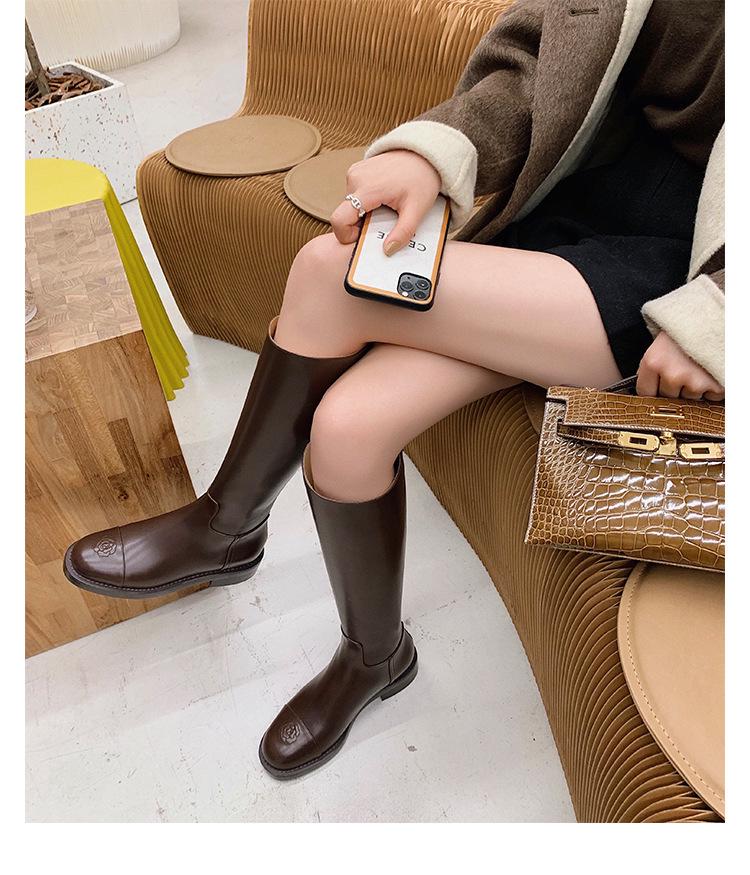 Bottes d'équitation hautes jusqu'au genou en cuir véritable pour femme, bout rond, avec broderie camélia en cuir de vachette