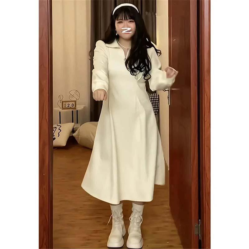 

Plus Size Korean Style Women s Fleece-Lined Half-Zip Polo Dress - Waist-Slimming, Versatile, Long Dress for Spring, Fall, and Winter XXL for 130-145 jin