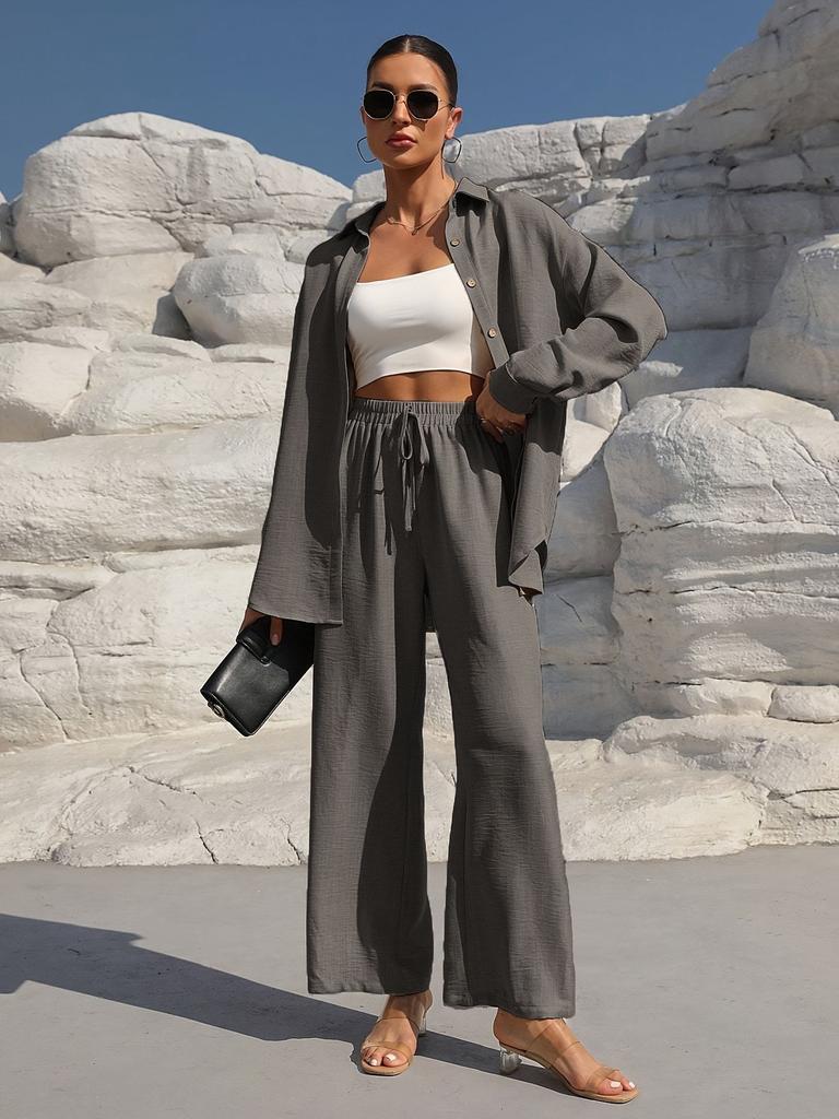 Women's Long Sleeve Shirt and Wide Leg Pants Suit Set