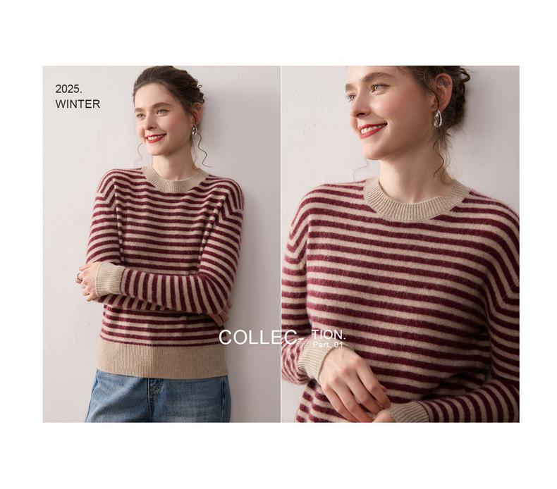 Women's Striped Cashmere Sweater - 2025 Autumn/Winter, Half-High Neck, Sweet Style, Loose Slimming Pullover