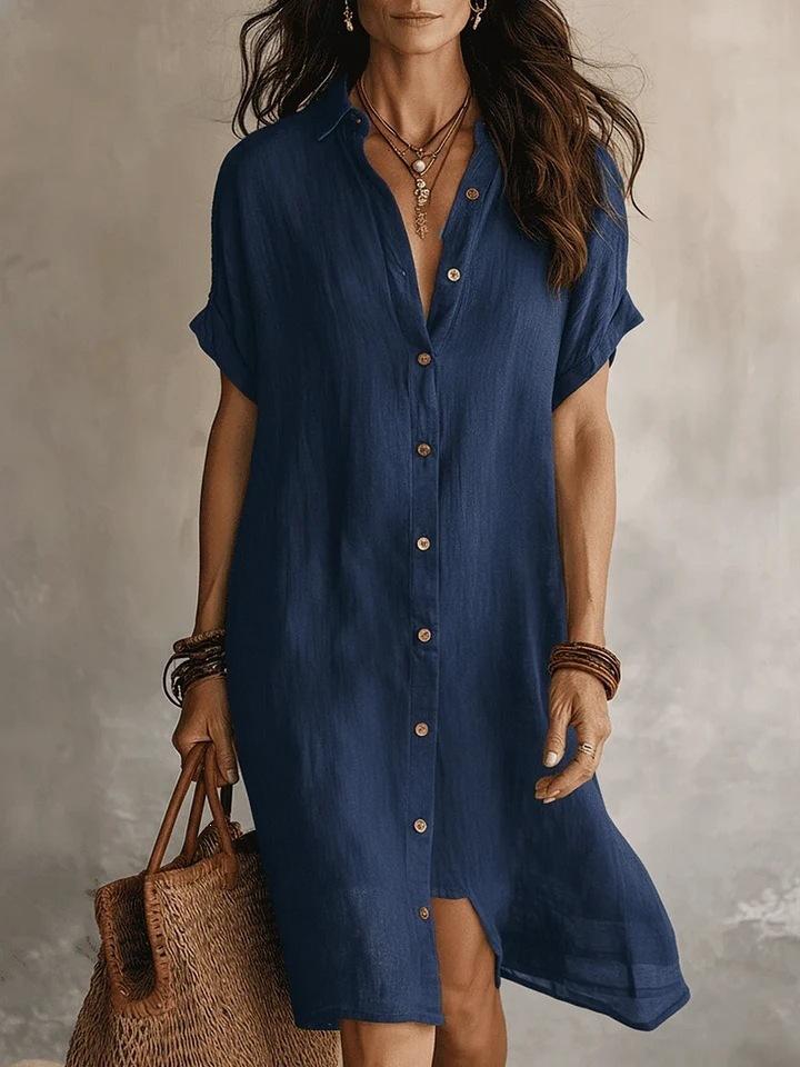 2026 European and American new shirt skirt fashionable and casual solid color short-sleeved button medium and long dress