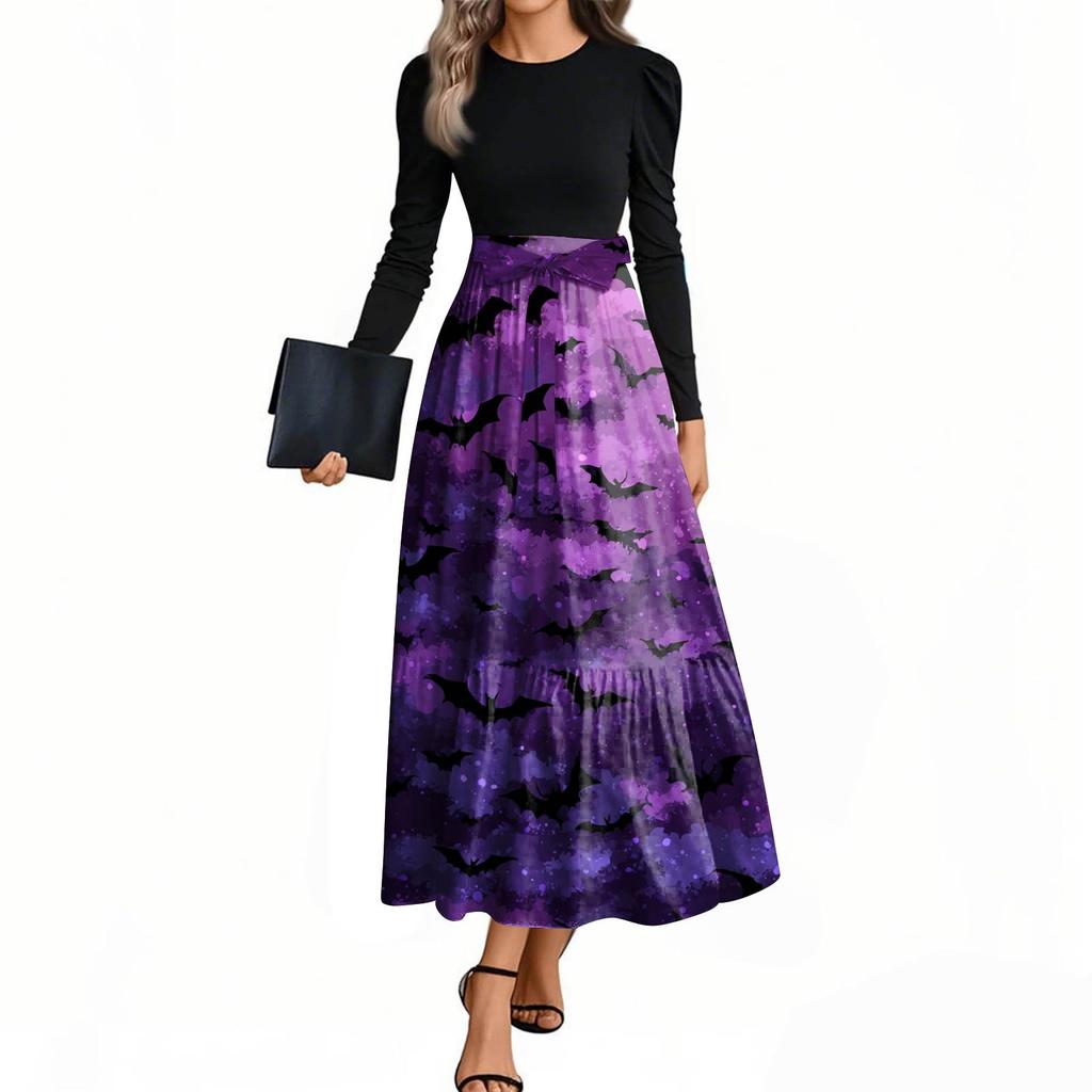 Women's Fashion Casual Belted Long Sleeve Round Neck Halloween Printed Elegant Temperament Dresses