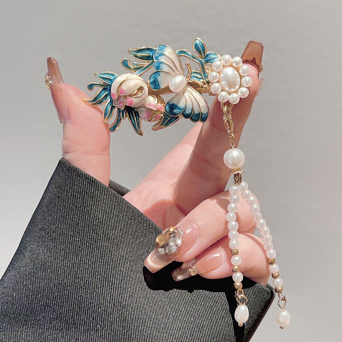 Butterfly Flower Hair Clip with Pearl Tassels Gold Blue Enamel Chinese Style Side Hair Clip