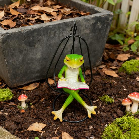 Hammock Chair Reading Frog Statue Cartoon Green Frog Figurine Resin Miniature Animal