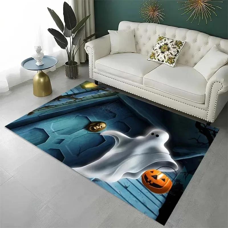 Horror Halloween Horror Pumpkin Rug Non-Slip Living Room Floor Mat Creepy Laundry Room Decor with Ghost Print Home Sofa Mat