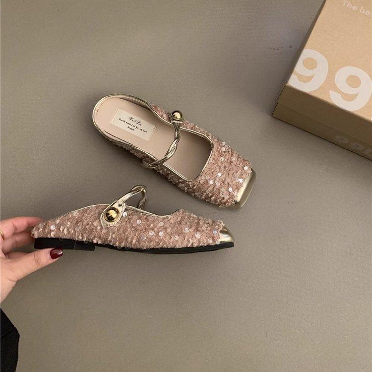 French Sequined Silver Baotou Half Slippers Spring and Summer Small Fragrance Temperament Mary Jane Single Shoes Flat Muller Shoes
