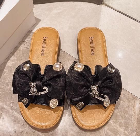 Fashion Cow Leather Sandals 2025 New Women's Slippers Bow Large Size 35-43 Beef Tendon Sole Soft Sole Geunine Leather Slippers