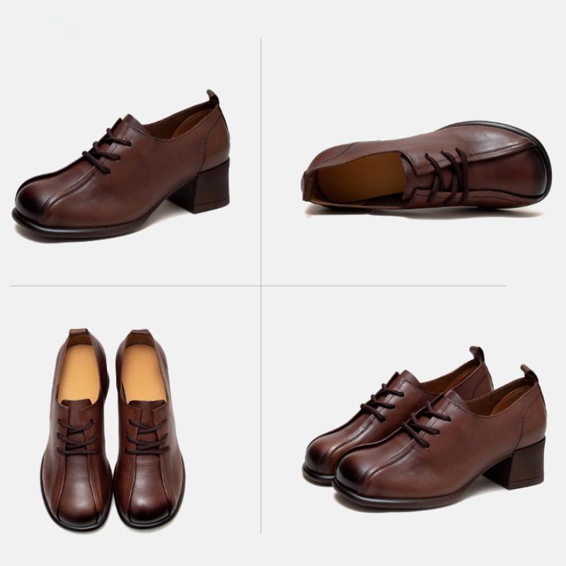 Johnature Retro Women Shoes Med Heels Solid Color Pumps Genuine Leather Round Toe Handmade Lace-up Shoes