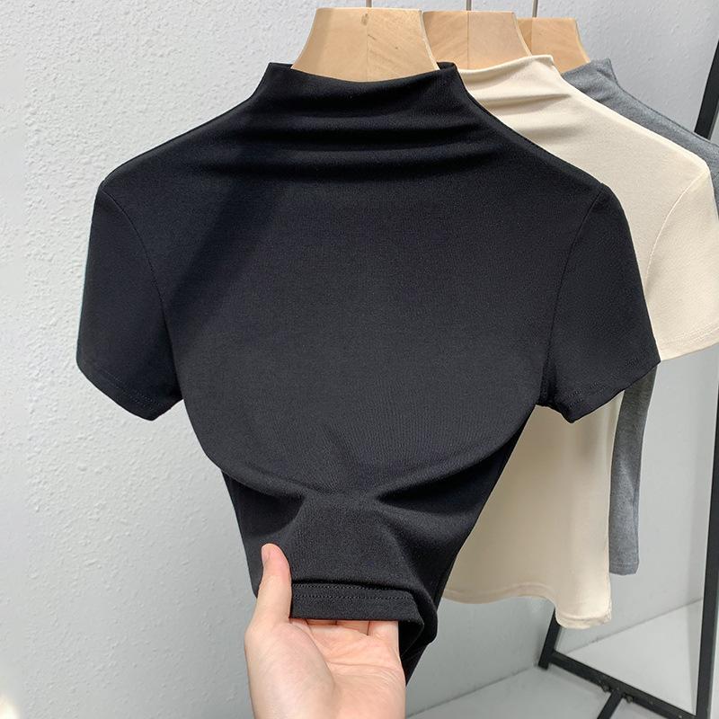 Semi-turtleneck Bottoming Shirt Women's New Women's Clothing Solid Color Inner European Shirt Temperament Short-sleeved Waist Top