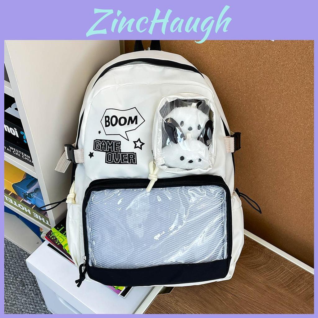 School Backpack Large Capacity Student Nylon With Letter Print And Transparent Layer Design For School Use