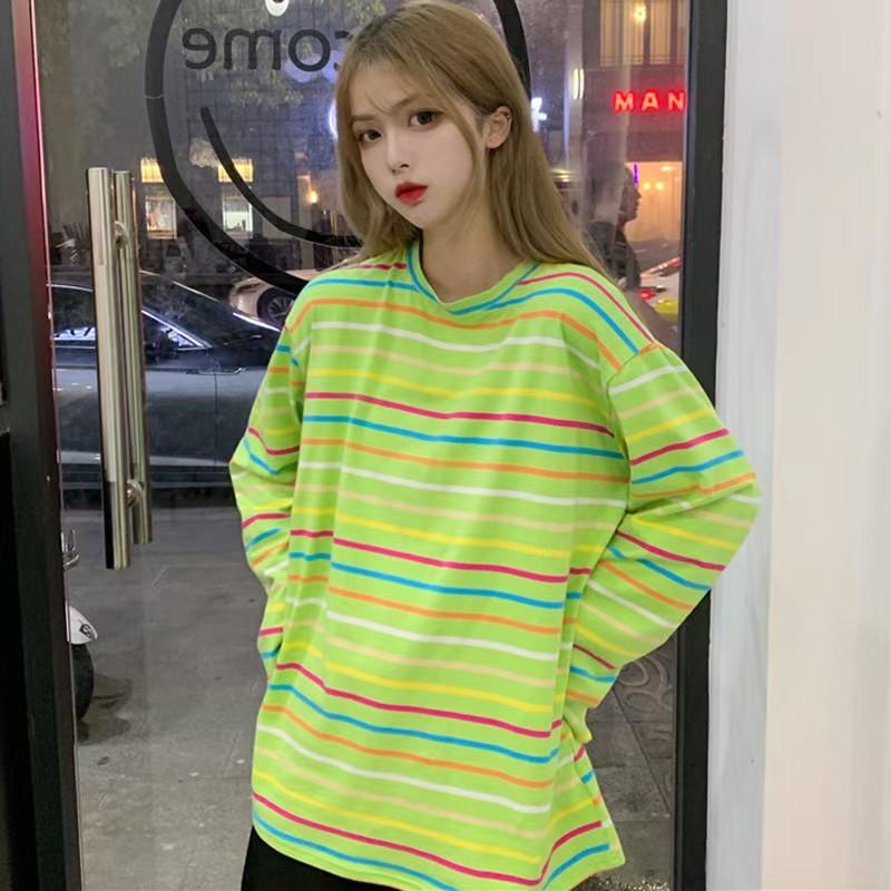 spring autumn korean girl green stripe t shirt Casual oversized Bottoming T-Shirts Women Long Sleeve student tops y2k clothes