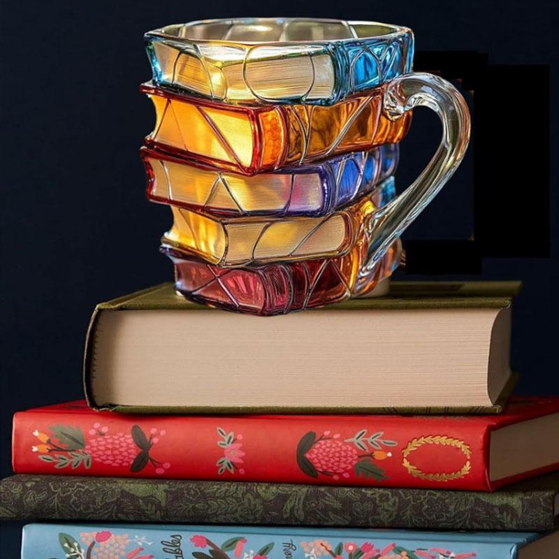 Book Coffee Mug Cappuccino Colorful 3D Library Book Mug Shelf Milk Cup Tea Cup Arabic Resin Glass Coffee Cup Kitchen Mug