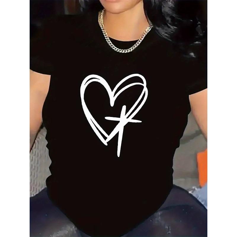 

T-Shirt With Heart Cross Design | Durable And Comfortable Fabric, Ideal For Casual Dining, Lightweight And Breathable Top For Everyday Use, Stylish 4XL чорний