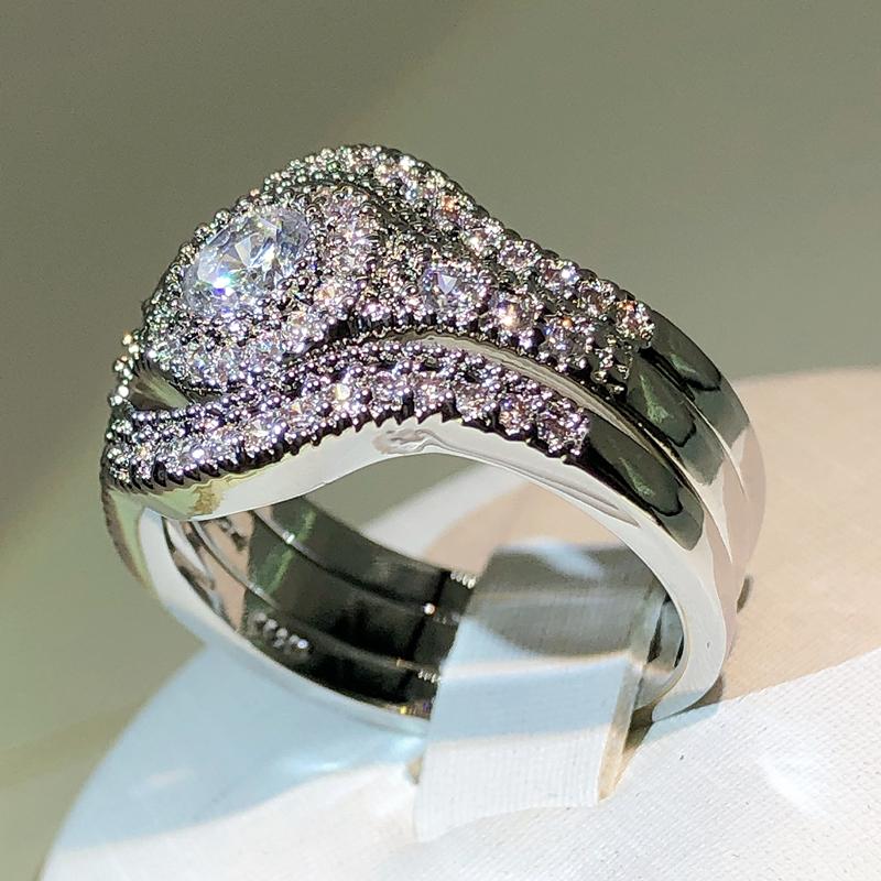 sterling copper classic three-layer white zircon ring unisex party birthday jewelry fashion zircon ring