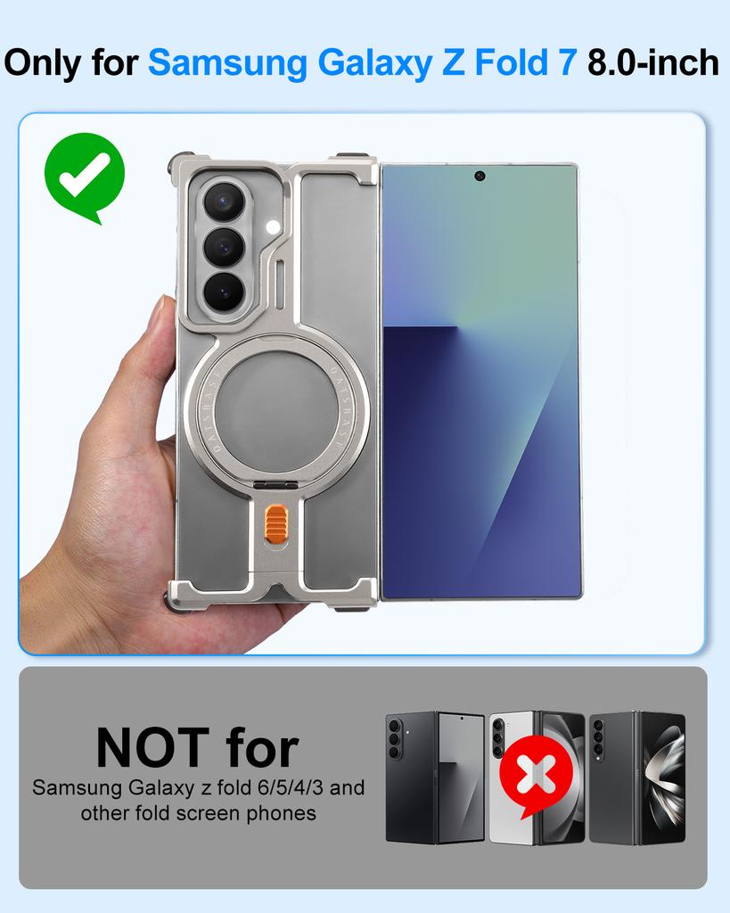 Oatsbasf Magnetic Metal Phone Case for Samsung Galaxy Z Fold 7 with Ring Stand 360°Rotatable Ultra-thin Frameless Shockproof
