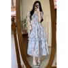 Vintage Square Neck Floral Dress with Bubble Sleeves, Summer Ruffle Hem Long Dress