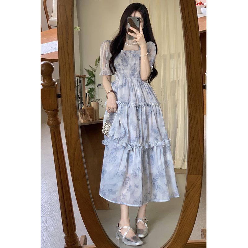 Vintage Square Neck Floral Dress with Bubble Sleeves, Summer Ruffle Hem Long Dress