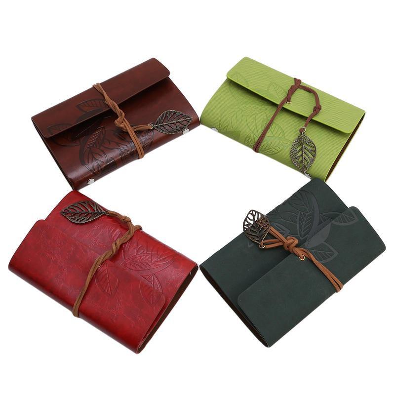 Women Men Vintage Travel Writing Journal Notebook Refillable PU Leather Diary Books with Leaf Pendant Strap