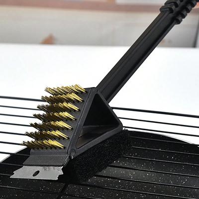 1 Stück - Langstieliges Grillwerkzeug Barbecue Grill Ofenreinigung 3 in 1 Eck-Kupferdrahtbürste für Picknick im Freien Kupferdrahtschwamm Schaufel