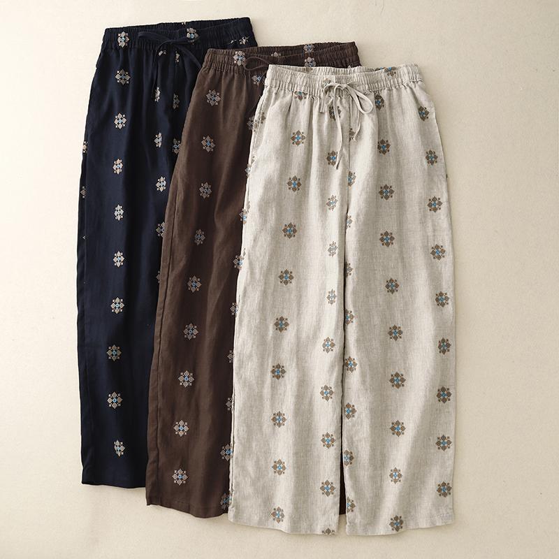

Women Cotton and Linen Printed Casual Pants Female Summer Korean Fashion Literary Temperament Drawstring High Waist Straight Pants S бежевий