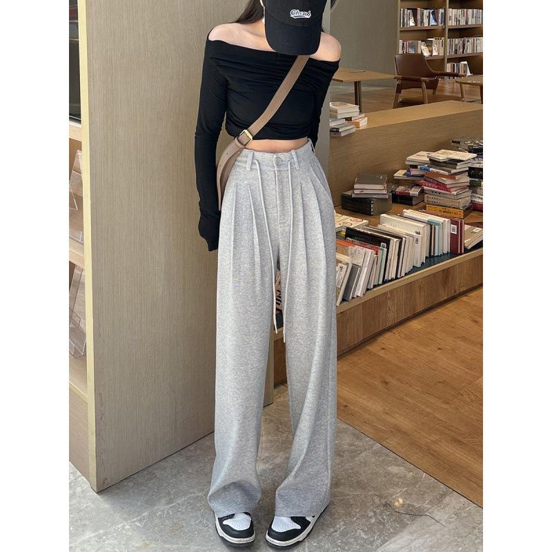 Grey Sports Pants, Women's High-waisted Wide-leg Straight-leg Floor-length Pants, Women's Spring and Autumn Casual Loose Pants