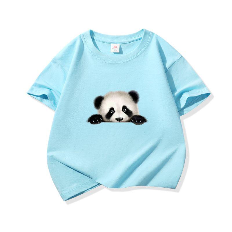 Kids Cotton T Shirt Cute Peeking Panda Print Crew Neck Short Sleeve Tee Casual Breathable Boys Girls Summer Tops