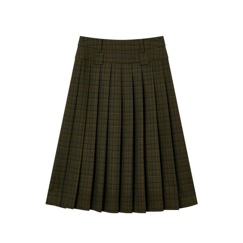 2025 Autumn/Winter French Retro Plaid A-Line Skirt in Yellow-Green S желто-зеленый