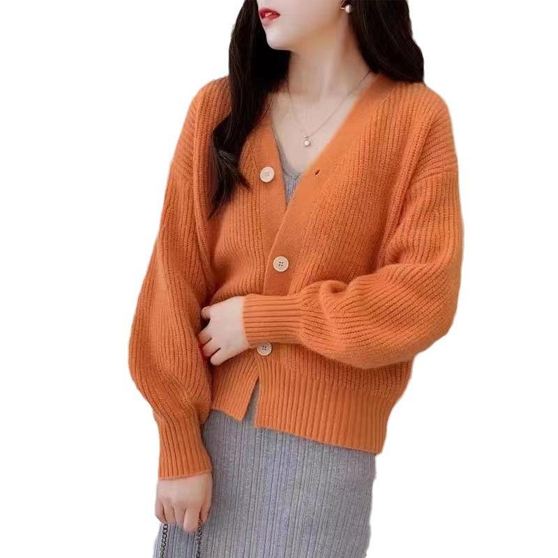 Retro simple sweater jacket women's autumn and winter new solid color loose and thin knitted cardigan top trendy