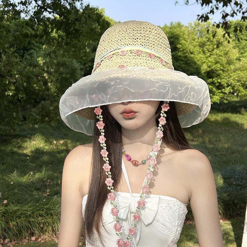 New Summer French Flower Lace Hollow Straw Hat Women's Beach Sun Protection Hat Knitted Sun Hat