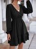 Women V Neck Long Lantern Sleeve Dress, Ruffle Hem A Line Flowy Dress, Elegant Commuter Midi Dress for Spring