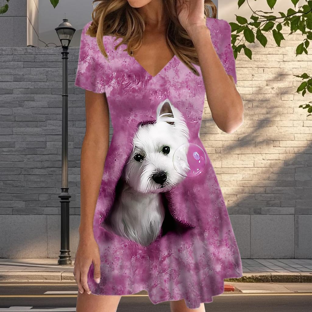 Summer Fashion Women's V Neck Short Sleeve Cute Puppy Printed  Dress Sex Short Skirt Dresses