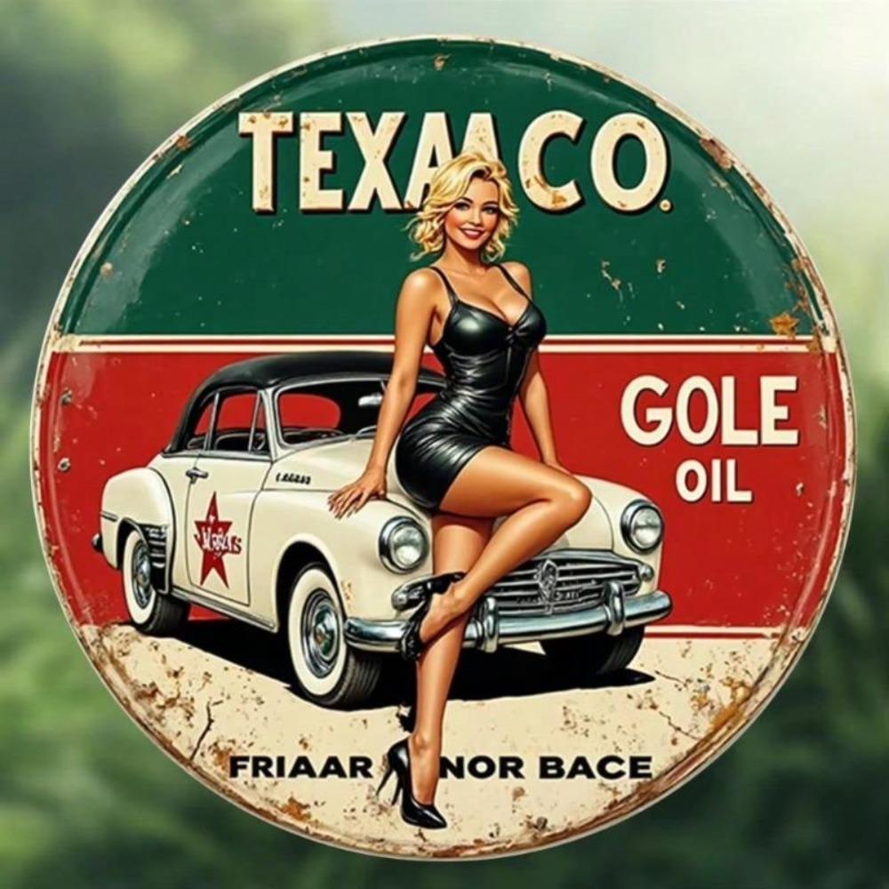 Retro Texaco Oil Metal Tin Sign Wall Decor Aluminum Round Wall Art Vintage 8 Inch