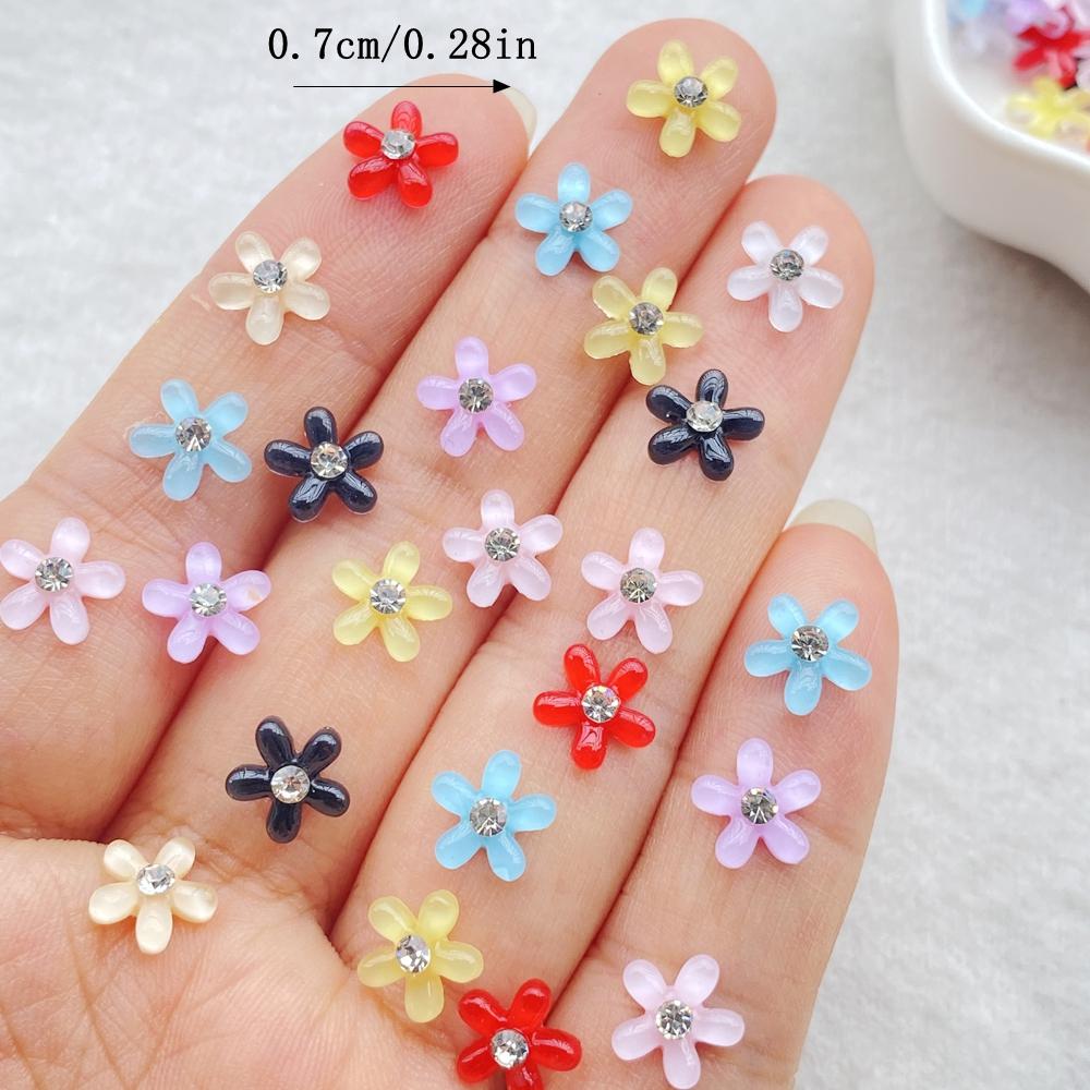 

50Pcs 7mm Resin 3D Colorful Mini Shiny diamond Flower Gems Flatback Figurines Scrapbook Wedding Applique Nail Art Decor Crafts
