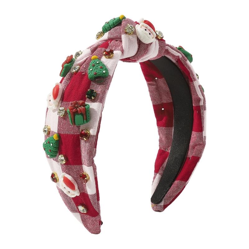

Christmas Theme Headband for Women Girl Non-Slip Knot Turban Headband Makeup Hairhoop Rhinestone Charm Plaids Hair Hoop