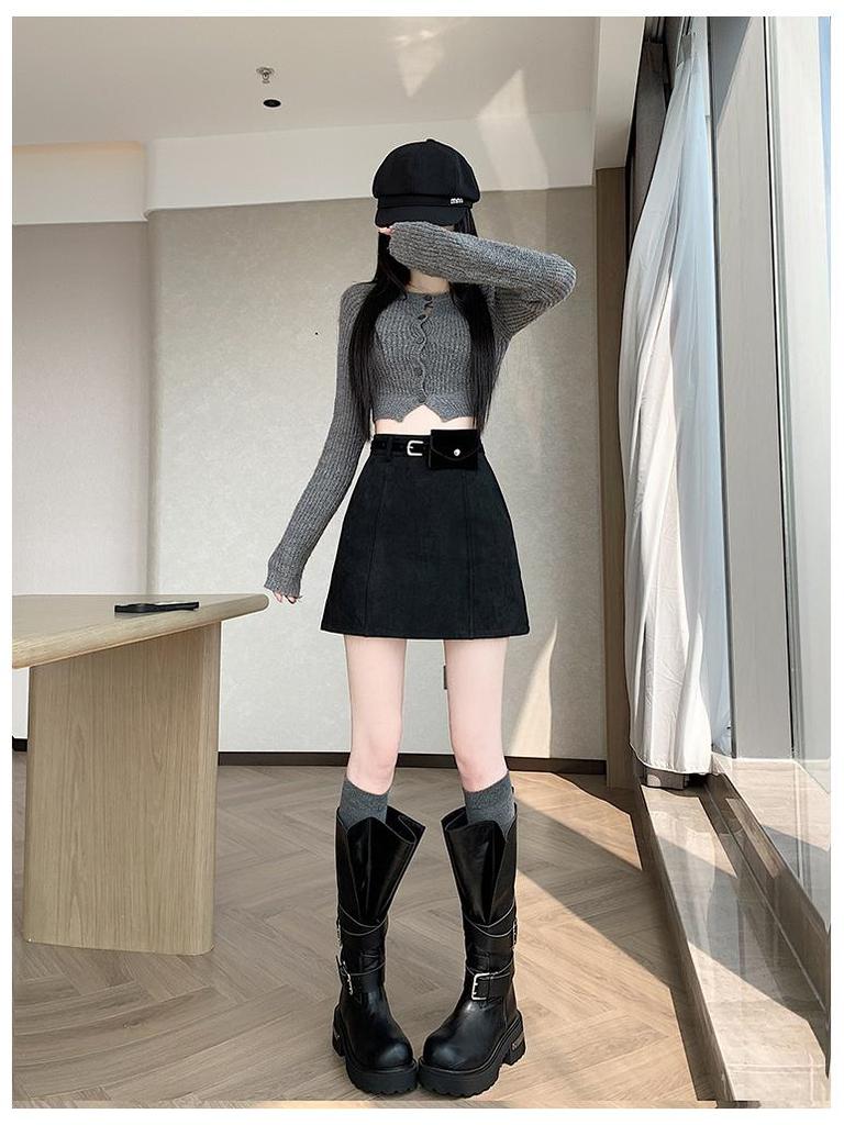 High-Waist Plus Size Korean Style PU Suede A-Line Skirt with Belt Bag - Spring/Autumn Women's Short Skirt