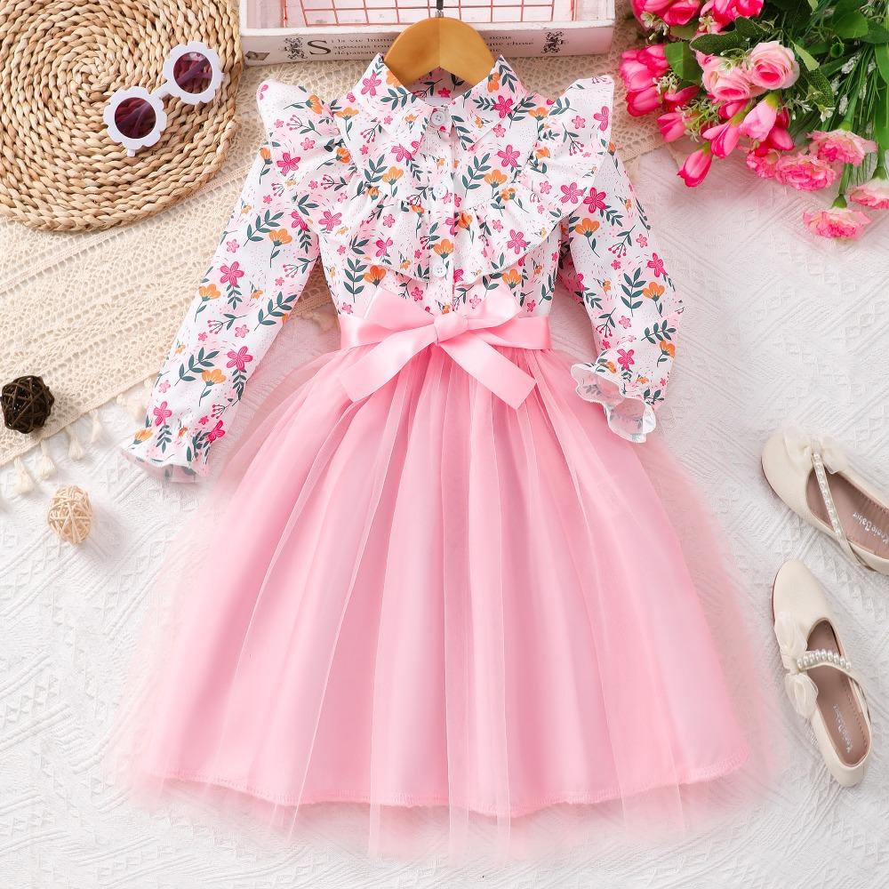 2-7 Years Girls' Floral Print Mesh Dress with Collar and Belt Girls Spring Autumn Winter Dress