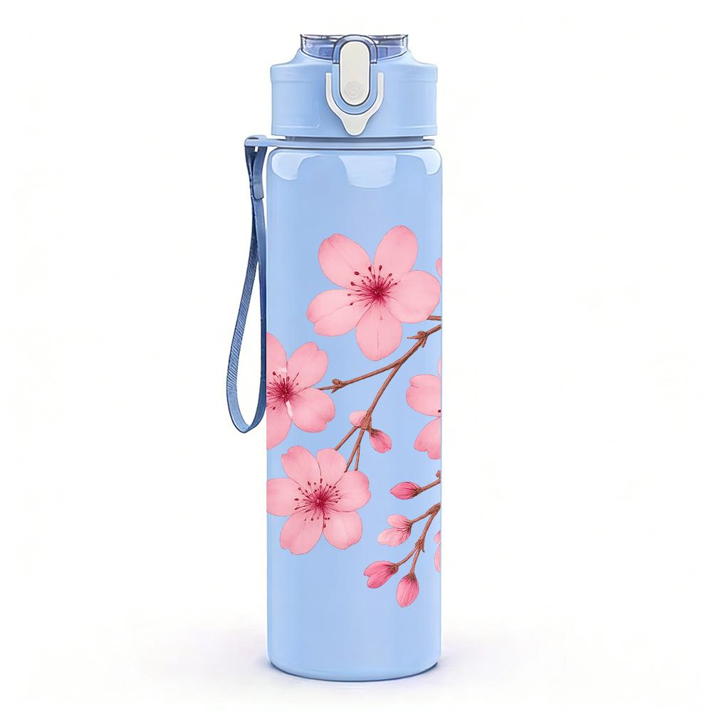 1PC Cherry Blossom Branch Pink Flower 750ml Color Plastic Sports Water Bottle Leakproof Flip Straw Lid Suitable for Sports Office Home Use