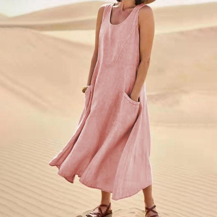 Cotton Linen Blend Summer Sleeveless Pocket Dress European American Style 19 Colors