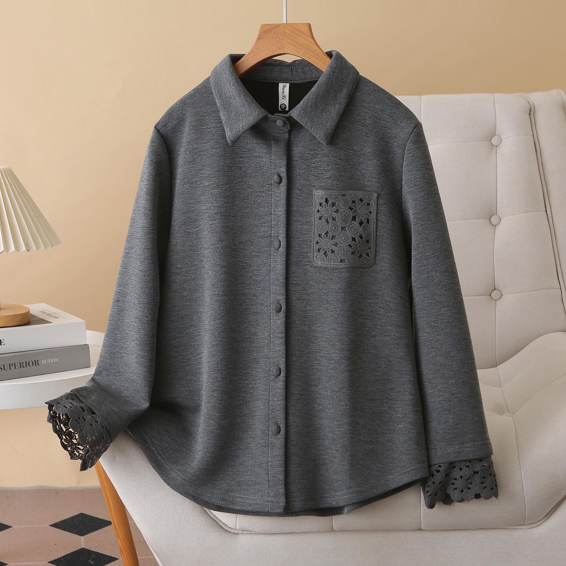 Plus Size Lace Patchwork Velvet Cardigan - Women s Thick Autumn/Winter Top 2025 4XL серый