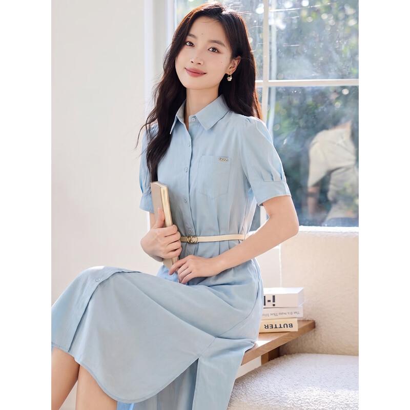 Chushen Women's Short Sleeve Shirt Collar Midi Dress