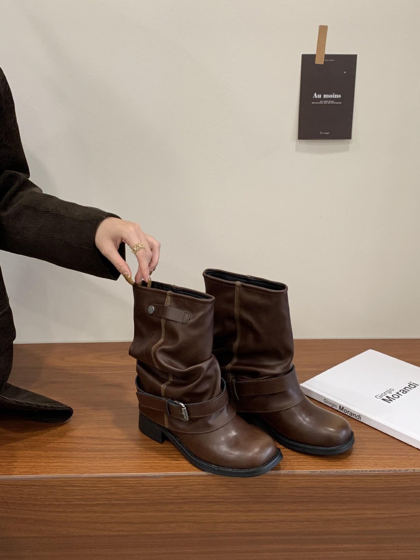 

Ретро брюки-трубы короткие ботинки женские толстый каблук 2025 новые плиссированные ботинки-чулки Мартин западные ковбойские рыцарские ботинки 40 темно-коричневого