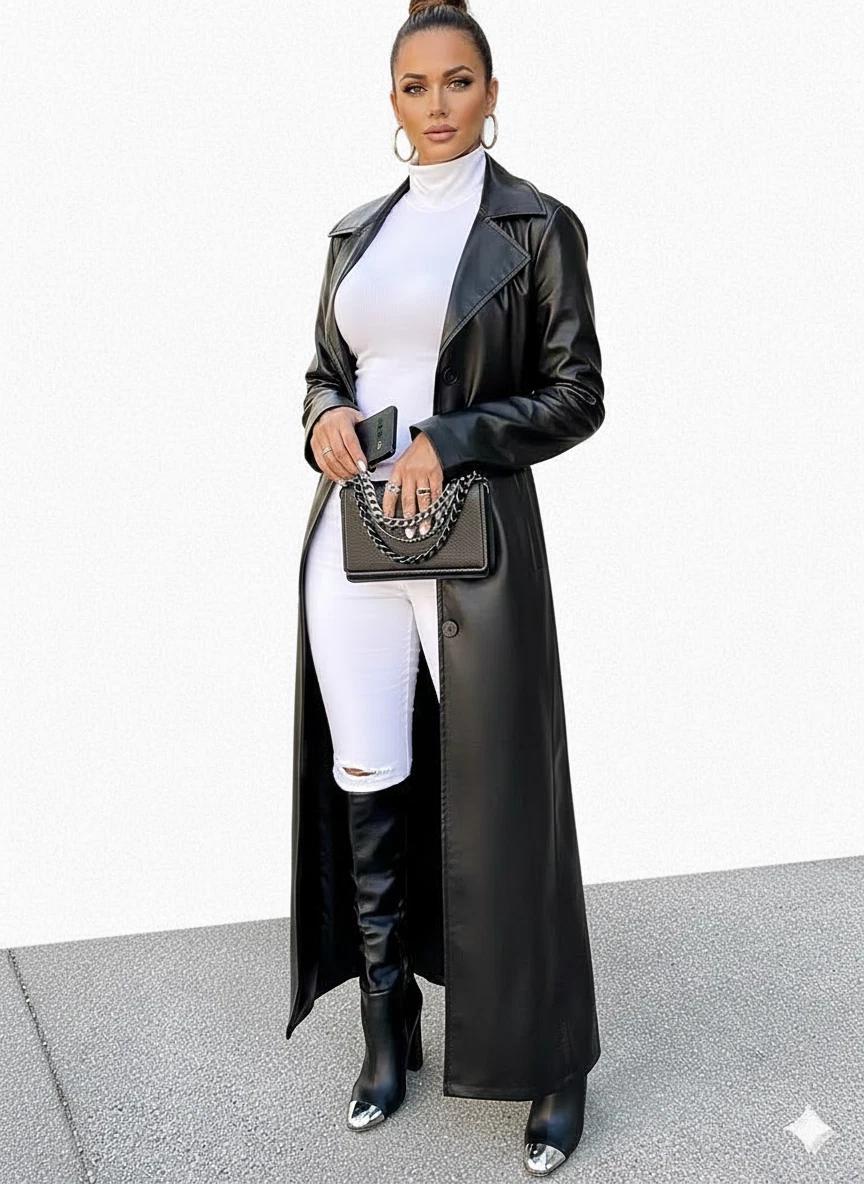 

Жіноче Пальто Шкіряне Стильне Натуральна Ручна Робота Шкіра Ягняти Вечірнє Тренч Чорний Повсякденне XL чорний