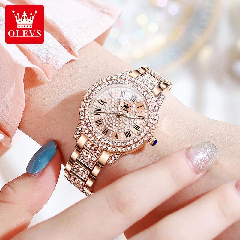 OLEVS Women's Watches Fashion Original Quartz Wrist Watch for Ladies Roman Dial Dazzling Diamond Waterproof Luminous Luxury New
