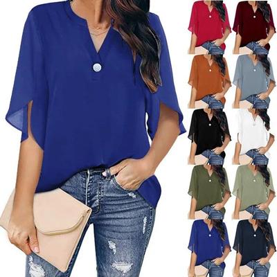 T-Shirt Damen Kurzarmblusen Elegante reine Farbe V-Ausschnitt Chiffonhemd T-Shirt