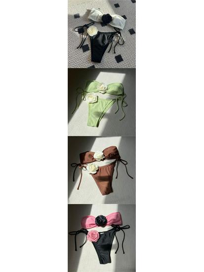 Rose Tie-Dye Color Block Two-Piece Swimsuit with Drawstring Lace-Up Bikini, European and American Style, Strapless Design 